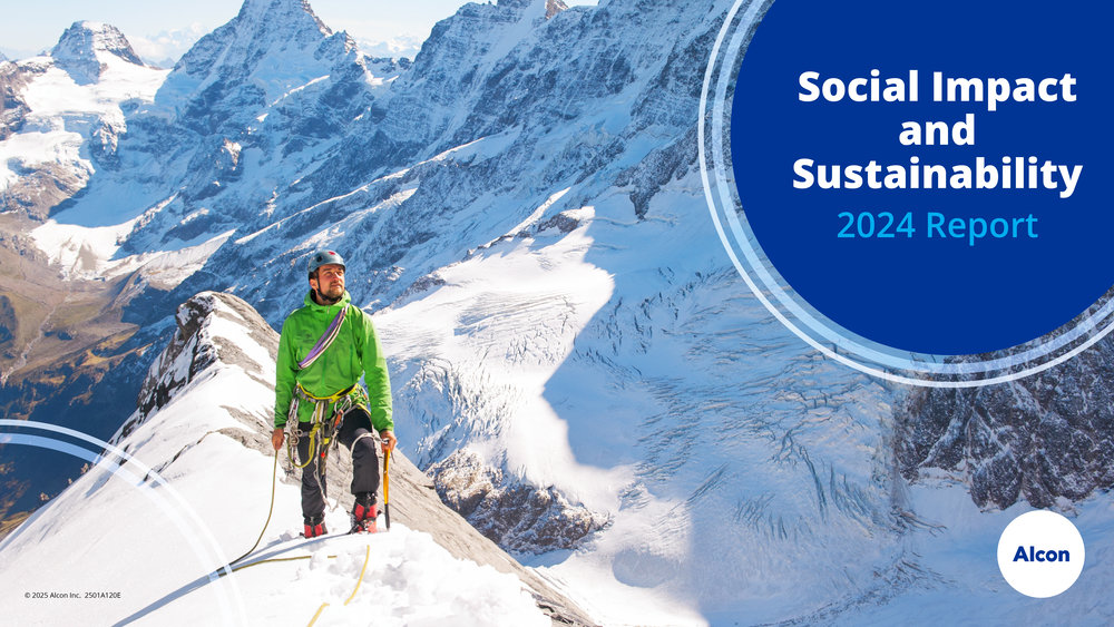 The cover of the Alcon 2024 Social Impact and Sustainability Report, showing a mountain climber standing on top of a snowy ridge.